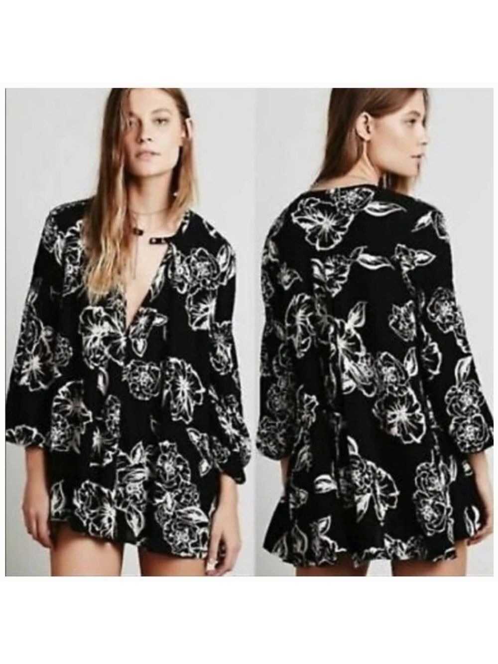 Free People Sz: XS Black Floral babydoll swing Dress LS VNeck Boho rare bloggers